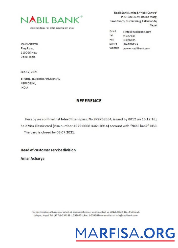 Blank India Nabil bank closure reference sample
